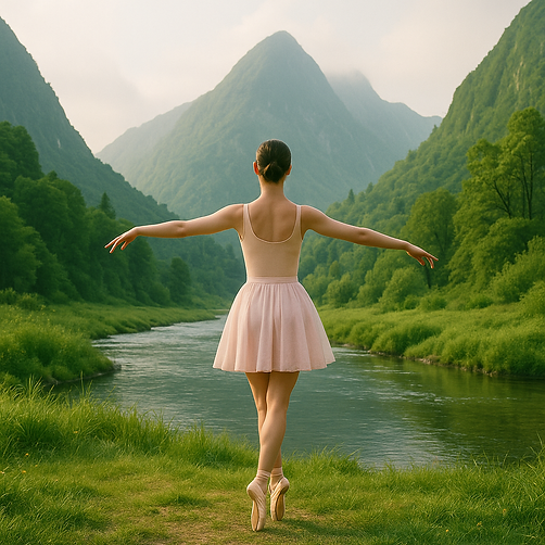 Bailarina en un lago y montañas, representando paz interior y equilibrio emocional